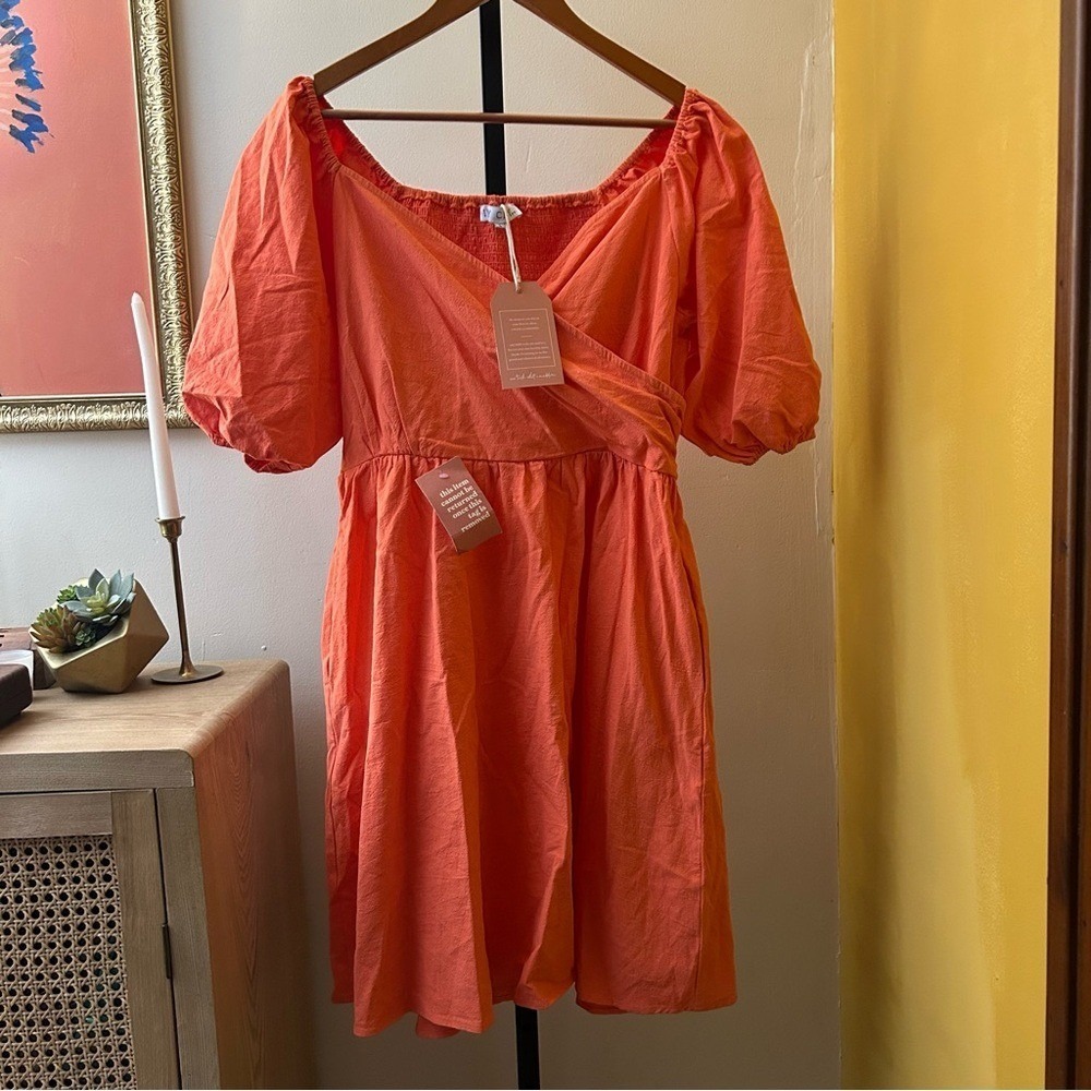 Ivy City Co. Sage Dress Puff Sleeve Mini Smocked Pockets Coral Orange NWT Size L - Picture 2 of 7